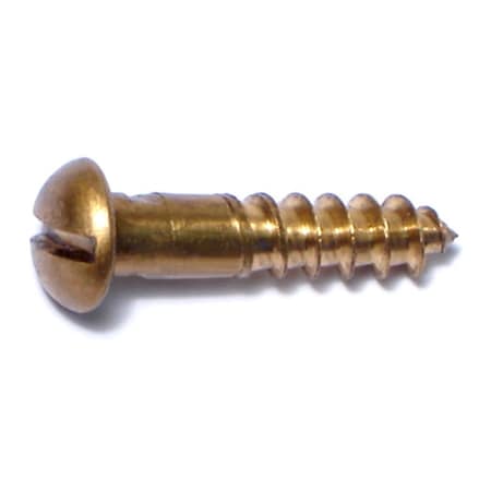 Wood Screw, #12, 1 In, Plain Brass Round Head Slotted Drive, 25 PK